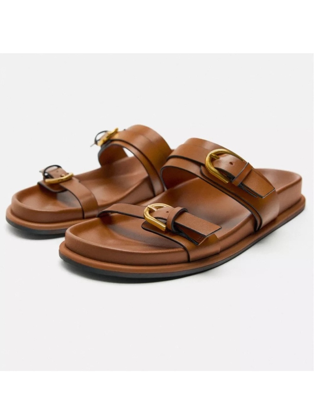 Zara Brown Leather Double-Strap Slide Sandals with Gold Buckles - Picture 6 of 6